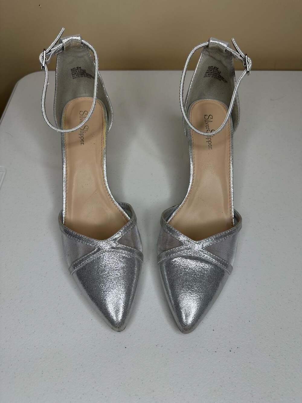 Silver Slipper Ella Heels Size 9M Silver Pointed Toe Ankle Strap
